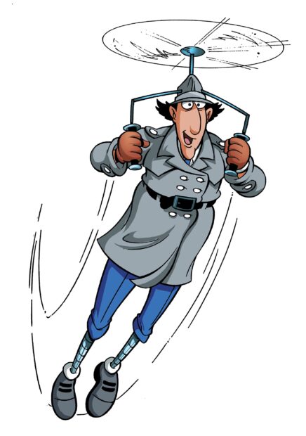 Inspector Gadget flying using his helicopter hat in a cartoon style, 2K Mobile Wallpaper