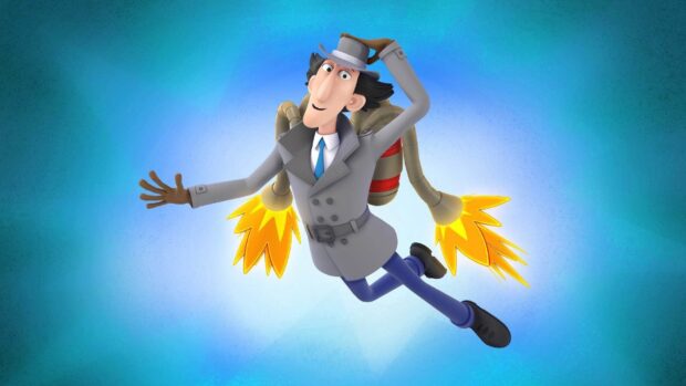 Inspector Gadget is flying using his jetpack in a blue background, HD Desktop Wallpaper