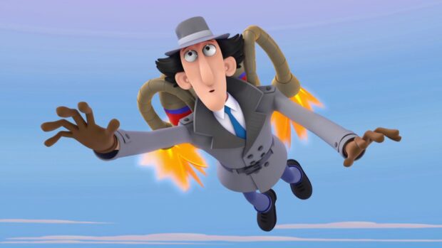 Inspector Gadget is flying high using a jetpack in the blue sky, 4K Desktop Wallpaper