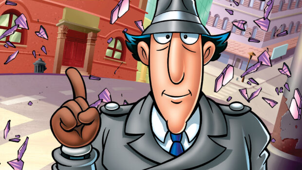 Inspector Gadget points up confidently among shattered glass on city street, HD Desktop Wallpaper