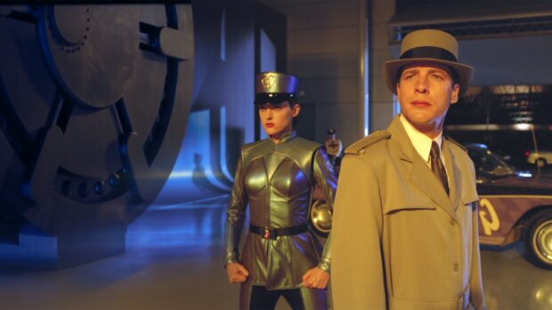 Inspector Gadget and a military officer stand in a dimly lit secure area, Inspector Gadget Wallpapers, 4K Desktop Wallpaper