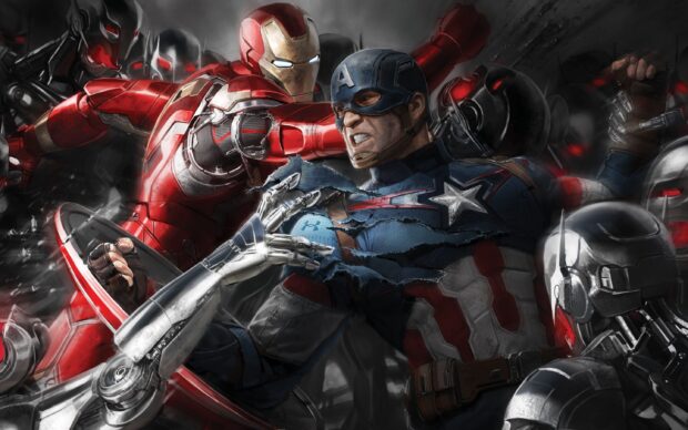 Captain America and Iron Man fight against robots in a fierce battle, 2K Desktop Wallpaper