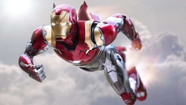 A close up of Iron Man flying through the sky in a red and gold suit, 4K Desktop Wallpaper