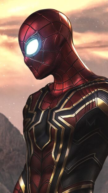 The Iron Spider suit from Super Heroes Wallpapers looks ready for battle against a glowing sky, HD Mobile Wallpaper