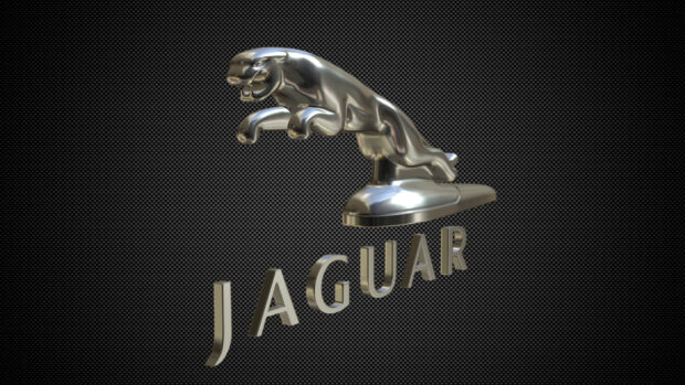 The silver jaguar logo with letters on a textured black background
