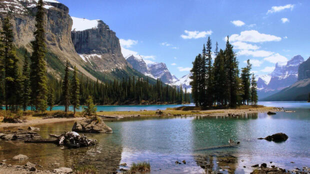 A stunning view of mountain peaks and pine trees surrounding a serene lake in Jasper National Park