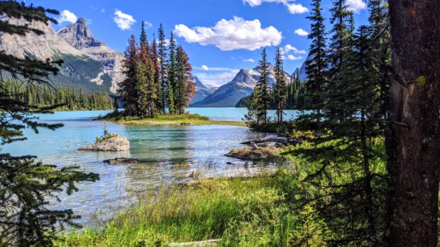 A serene view of Jasper National Park with clear lake and mountain landscape in summer