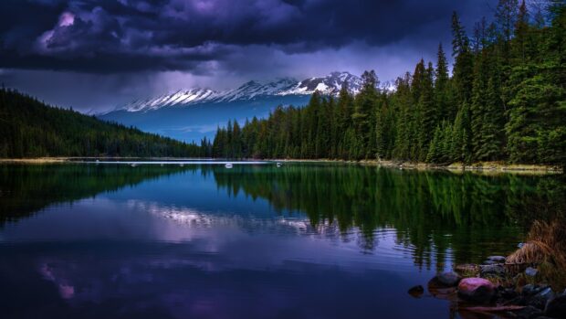Snowcapped mountains and dense forest reflected on a calm lake in Jasper National Park