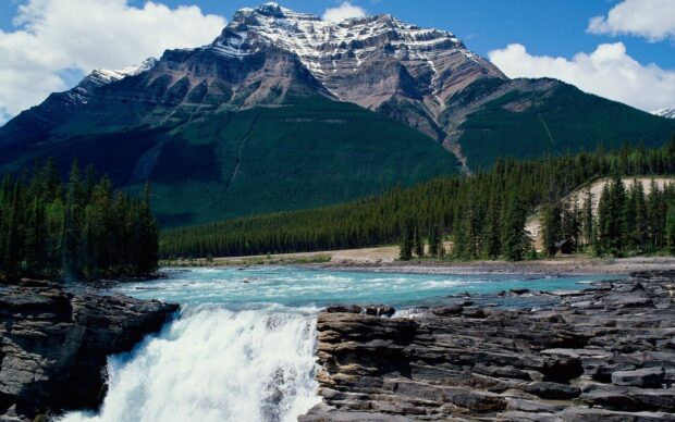 Rocky mountain landscape with river and waterfall in Jasper National Park