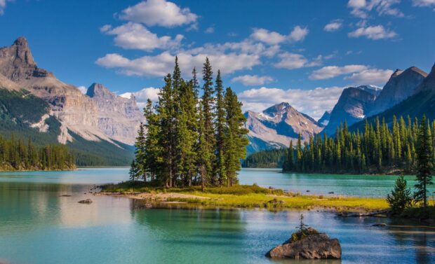 A scenic view of mountain landscape and forest in Jasper National Park