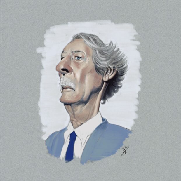 A detailed artistic portrait drawing of Jean Rochefort with gray hair and mustache, HD Desktop Wallpaper