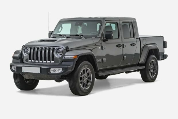 Gray Jeep Gladiator parked on a white background showcasing the vehicle's design and features