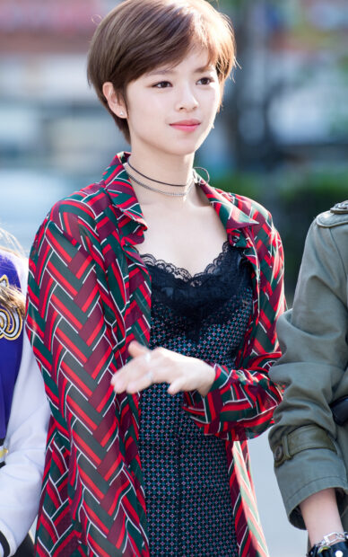 Jeongyeon Twice wears a patterned dress with a colorful shirt outdoors, HD Mobile Wallpaper