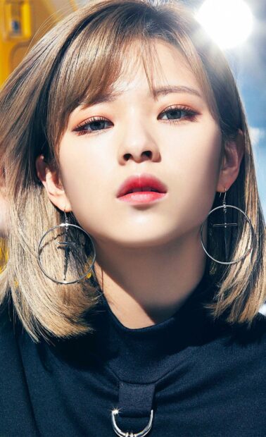 A close up of Jeongyeon Twice showing her face with hoop earrings, HD Phone Wallpaper
