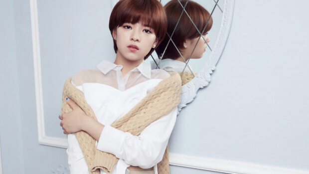 Jeongyeon Twice wallpapers featuring a woman with short hair wearing a beige knitted shawl, HD Desktop Wallpaper