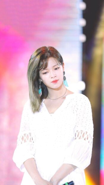 Jeongyeon Twice looks thoughtful in a white dress with colorful soft background, HD Phone Wallpaper