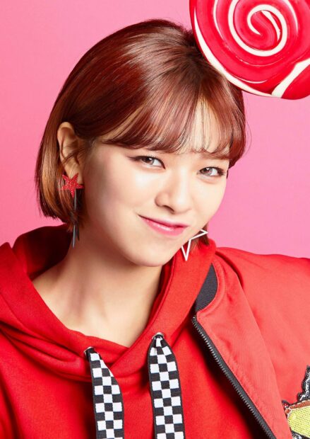 Jeongyeon Twice wallpapers feature her smiling in a red hoodie with a large lollipop headband, HD Mobile Wallpaper