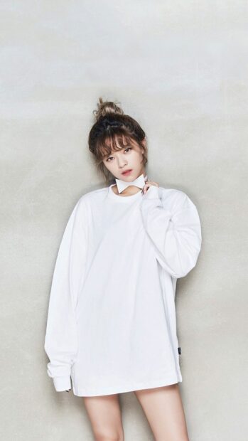 Jeongyeon Twice Wallpapers posing in a white oversized shirt with a bow tie, HD Phone Wallpaper