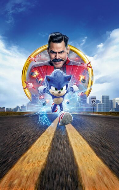 Jim Carrey wallpapers featuring Dr. Robotnik from Sonic running on the road with lightning effects, 2K Phone Wallpaper