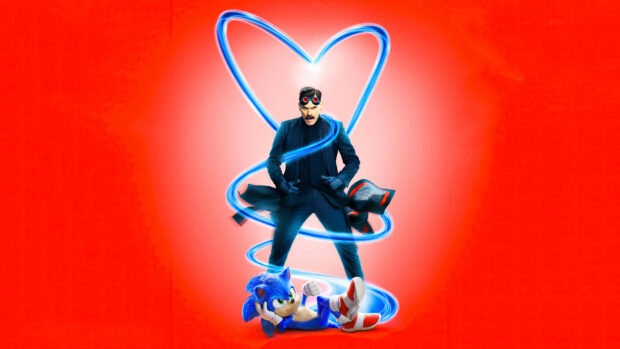 Jim Carrey stands with a glowing blue heart shape behind him while Sonic lies at his feet, 4K Desktop Wallpaper