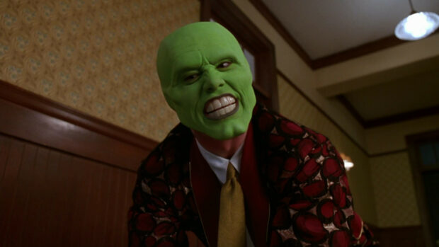 Jim Carrey wears a green mask and a colorful suit in a classic movie scene, HD Desktop Wallpaper
