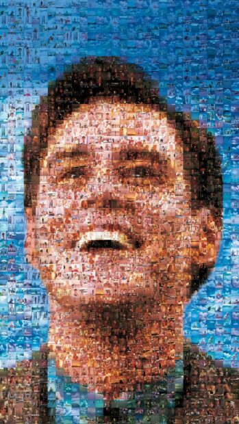 A detailed mosaic portrait of Jim Carrey made from numerous small images, 2K Mobile Wallpaper