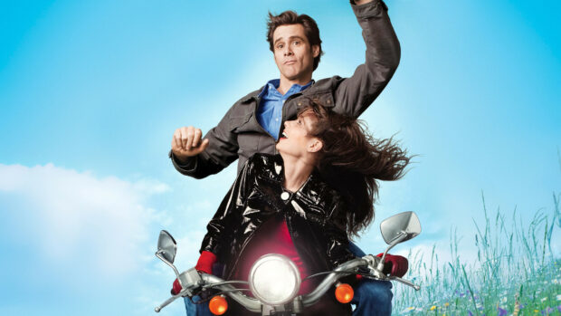 A man and woman enjoy a motorcycle ride under clear blue sky in Jim Carrey wallpapers, HD Desktop Wallpaper