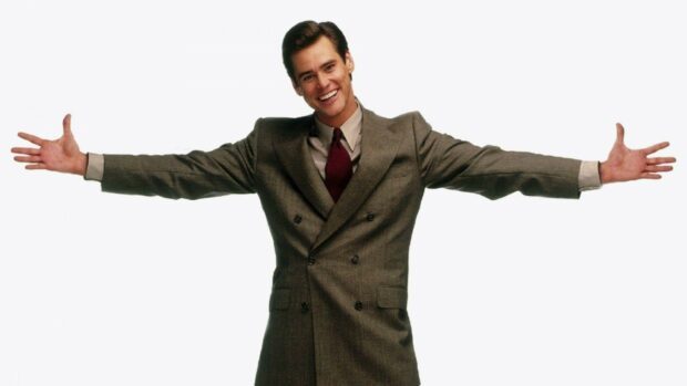 Jim Carrey smiling with open arms wearing a brown coat on a white background, HD Desktop Wallpaper