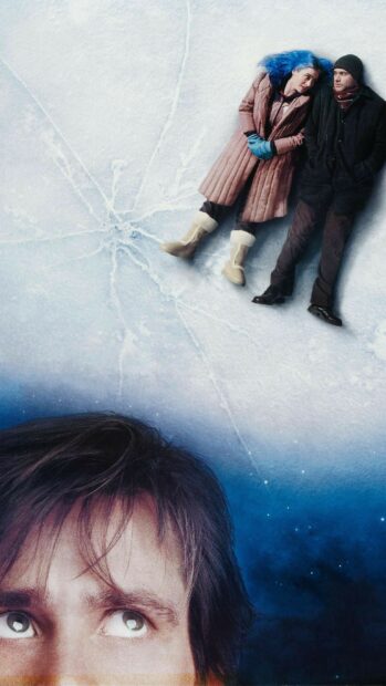 A close up of Jim Carrey's face with a couple lying on cracked ice in the background, 2K Mobile Wallpaper