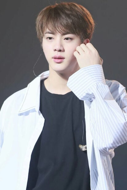 Jin BTS wallpapers shows a close up portrait of Jin wearing a white shirt and black t shirt, HD Mobile Wallpaper