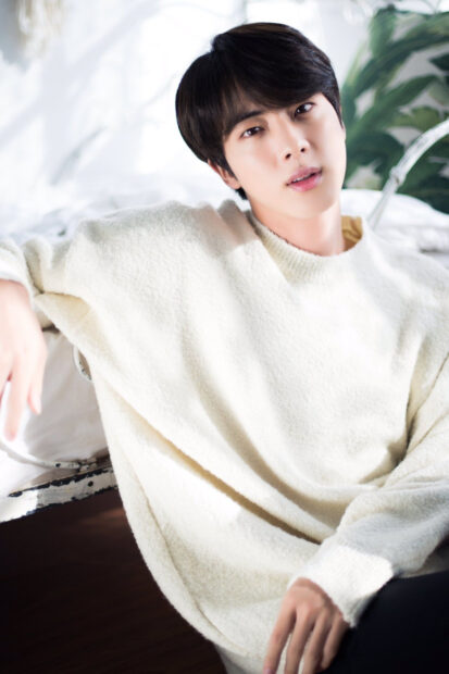 Jin BTS wallpapers shows a casual portrait with a white sweater, HD Mobile Wallpaper