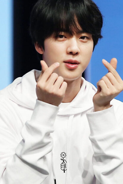 Jin from BTS making heart gestures with fingers, HD Mobile Wallpaper