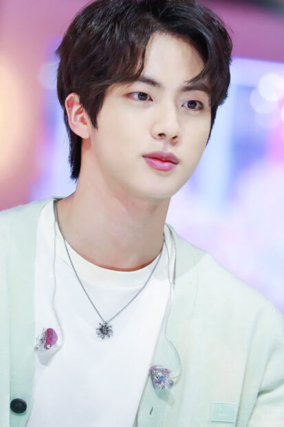 A close up portrait of Jin from BTS wearing a white shirt and light cardigan, HD Mobile Wallpaper