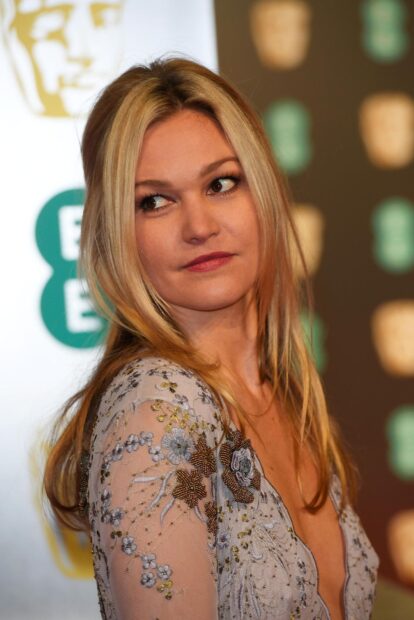 Julia Stiles looks away with an elegant floral dress at an event, HD Mobile Wallpaper