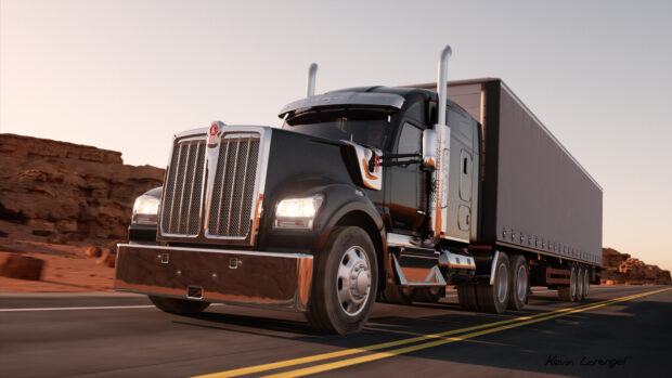 A black Kenworth truck is driving along a desert road during sunset, HD Desktop Wallpaper