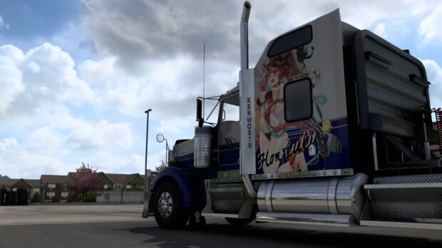 A Kenworth truck with detailed anime themed artwork parked under a cloudy sky, 4K Desktop Wallpaper