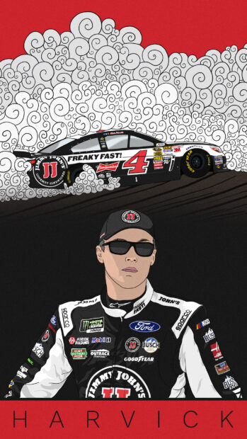 A digital illustration of Kevin Harvick with his race car and smoke effects, 2K Phone Wallpaper