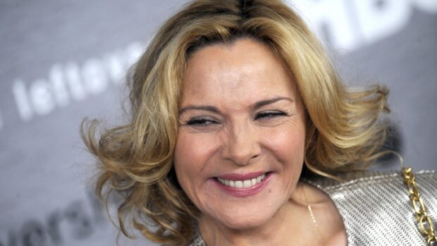 Kim Cattrall smiling warmly with blonde hair and natural makeup at an event, 2K Desktop Wallpaper