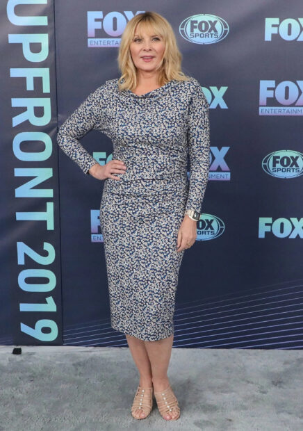 Kim Cattrall wearing a blue floral dress at an event in front of a Fox Sports backdrop, 2K Mobile Wallpaper