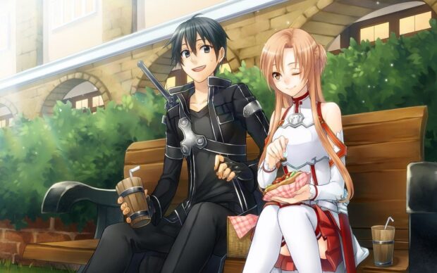 Kirito and Asuna sitting on a bench enjoying a meal in Sword Art Online, HD Desktop Wallpaper
