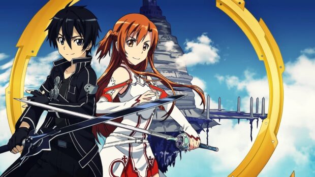 The image shows Kirito and Asuna holding swords with a fantasy sky background in Sword Art Online, HD Desktop Wallpaper