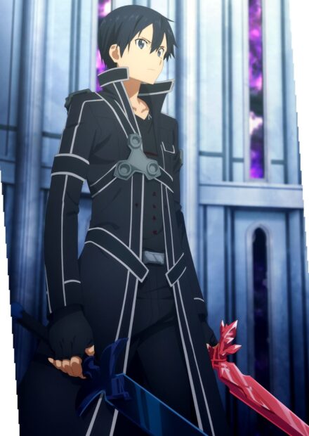 Kirito is holding two swords while standing in a grand hall, HD Mobile Wallpaper