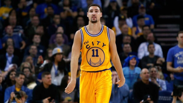 Klay Thompson is focused during an intense basketball game, HD Desktop Wallpaper