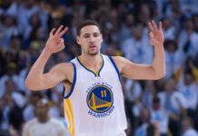 Klay Thompson is celebrating a basketball shot during a game, 2K Desktop Wallpaper