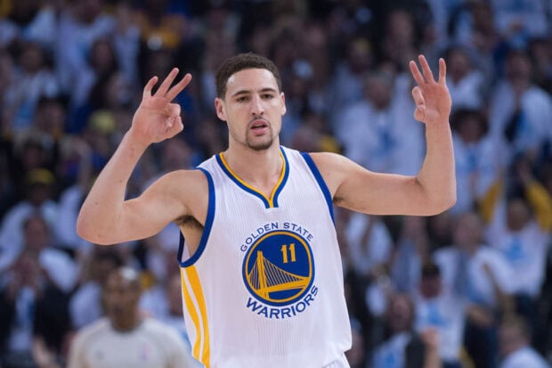 Klay Thompson is celebrating a basketball shot during a game, 2K Desktop Wallpaper