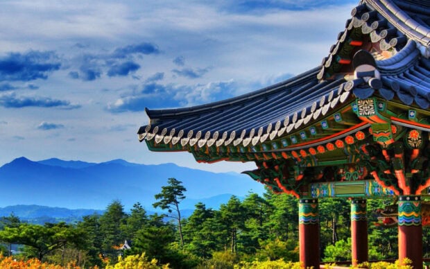 Traditional Korean architecture with colorful roof and forest landscape in Korea Wallpaper