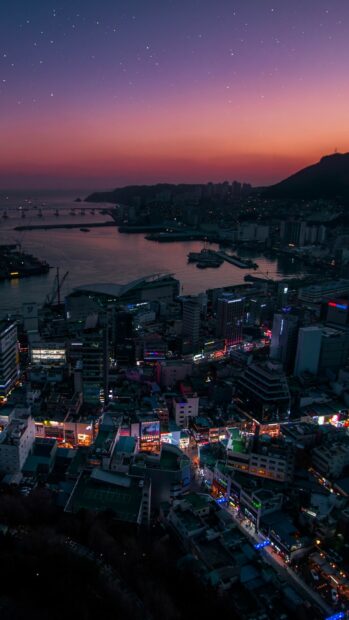A Korea cityscape during sunset showing vibrant lights and a calm harbor under a starry sky