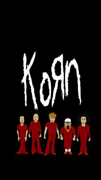 Cartoon style of Korn band members standing under the Korn logo on a black background
