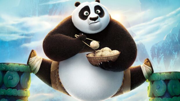 A panda is sitting between two pillars eating dumplings in a scenic mountain setting in Kung Fu Panda 3 Wallpapers, 4K Desktop Wallpaper