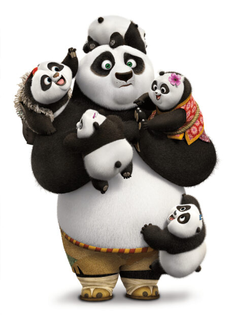 A panda father is surrounded by playful panda cubs in a joyful scene from Kung Fu Panda 3 Wallpapers, HD Mobile Wallpaper